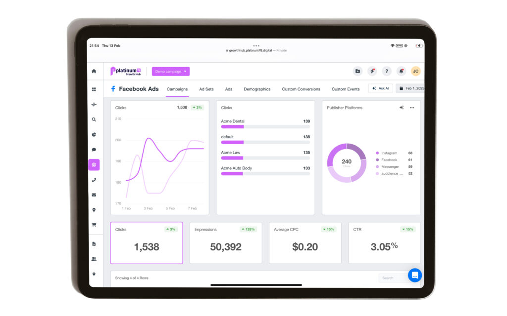 iPad showing Platinum78 Growth Hub Facebook Ads
